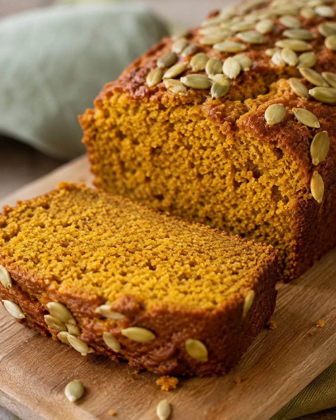 Side view of sliced pumpkin bread with pumpkin seeds on a cutting board