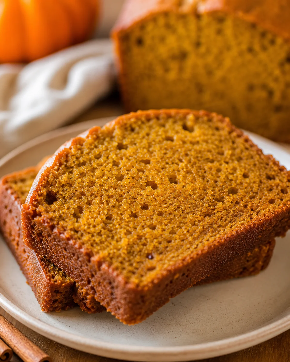 Two stacked slices of pumpkin bread on a plate with the loaf blurred behind