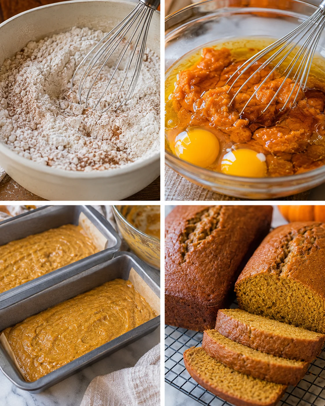 Collage showing whisking dry and wet ingredients, batter in loaf pans, and baked loaves cooling