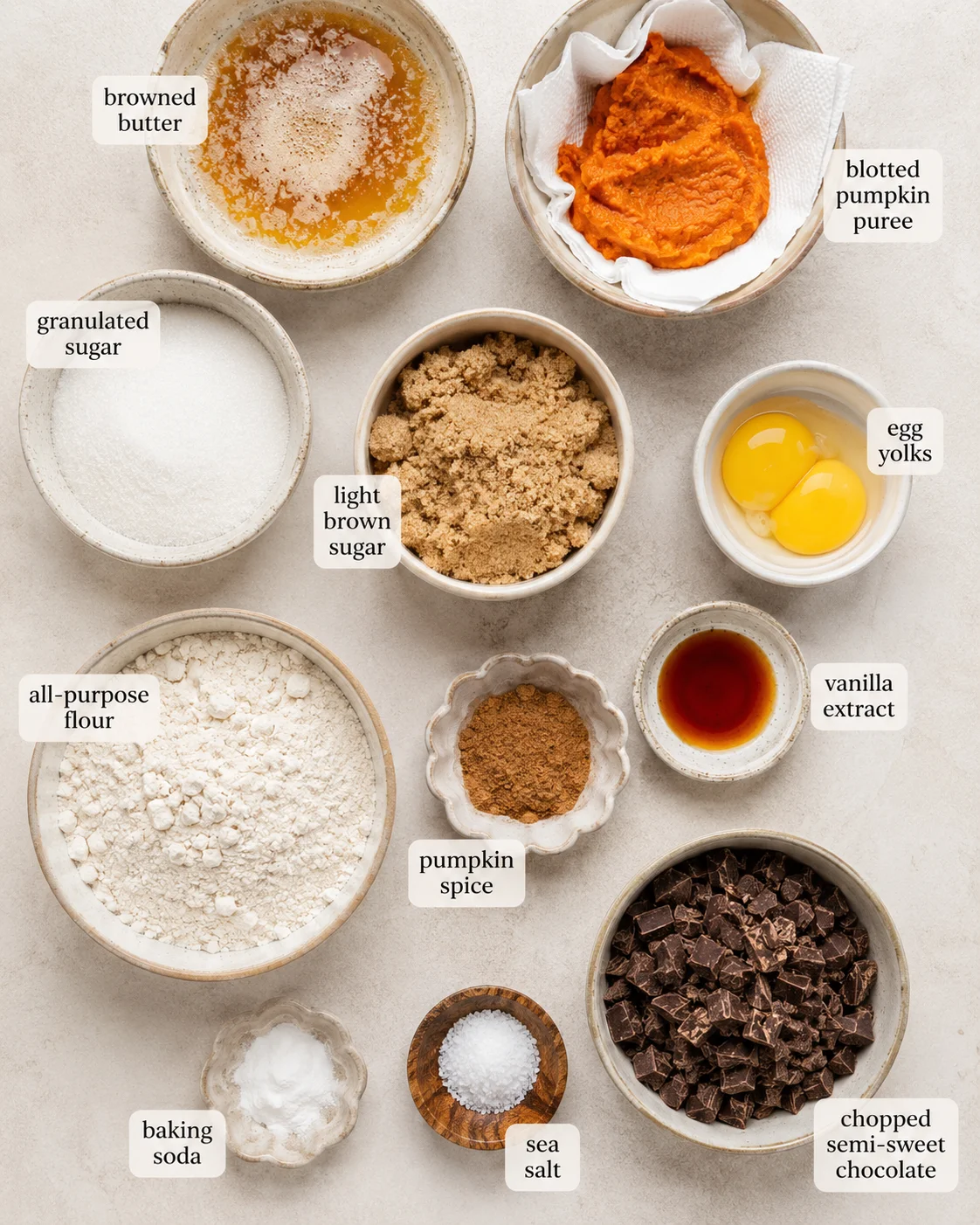 Top-down layout of measured ingredients for pumpkin chocolate chip cookies including browned butter, blotted pumpkin, sugars, flour, spices, eggs, and chopped,