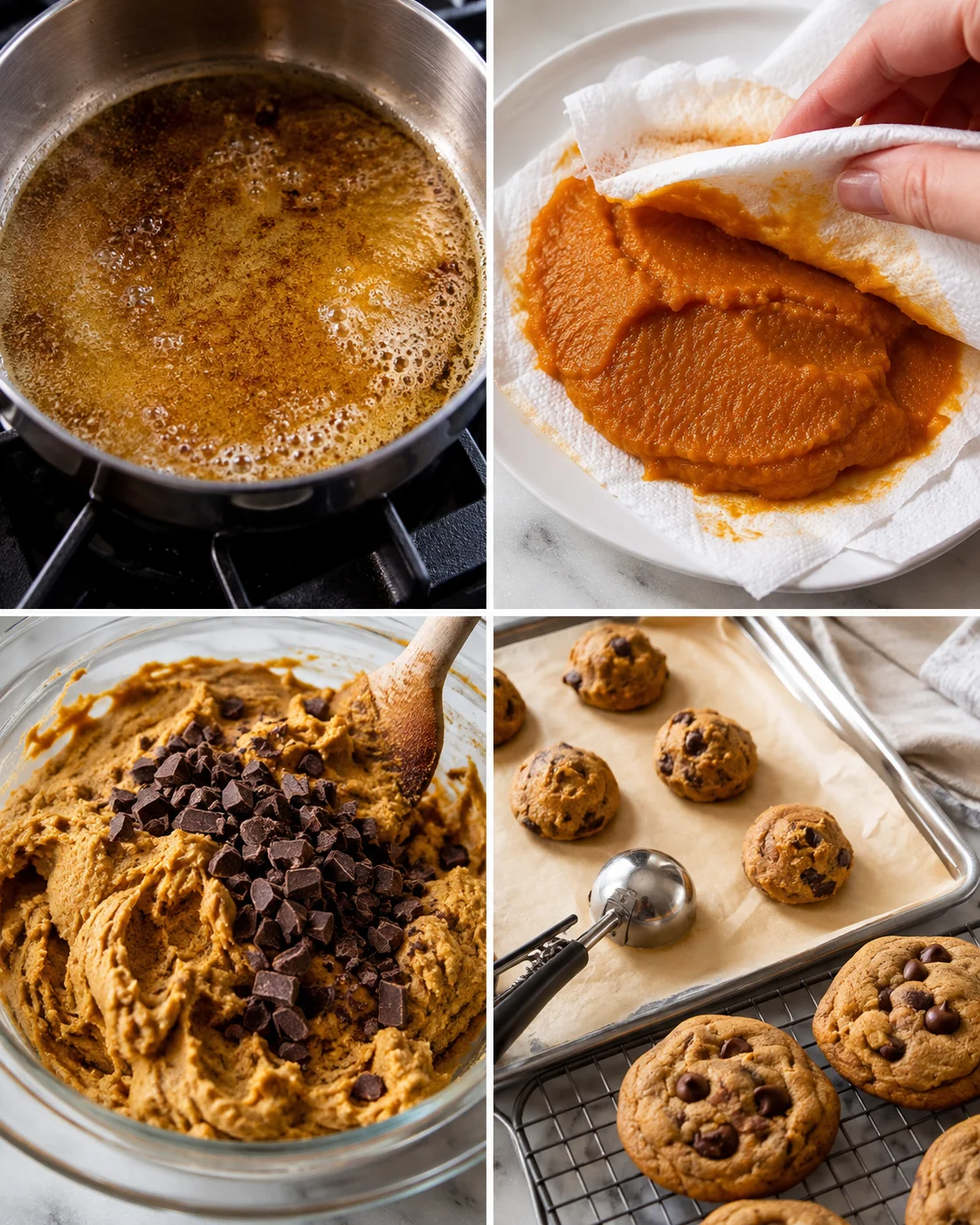 Four-photo collage showing browning butter, blotting pumpkin puree, mixing dough with chocolate, and portioned cookie dough on a tray