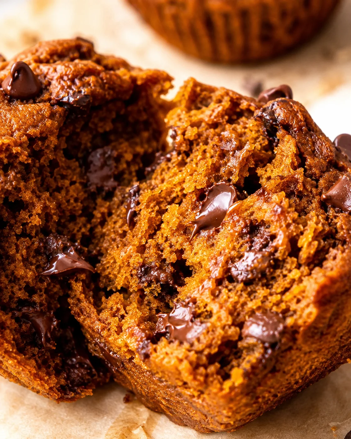 Close-up detail of pumpkin protein muffin crumb with melted chocolate chips