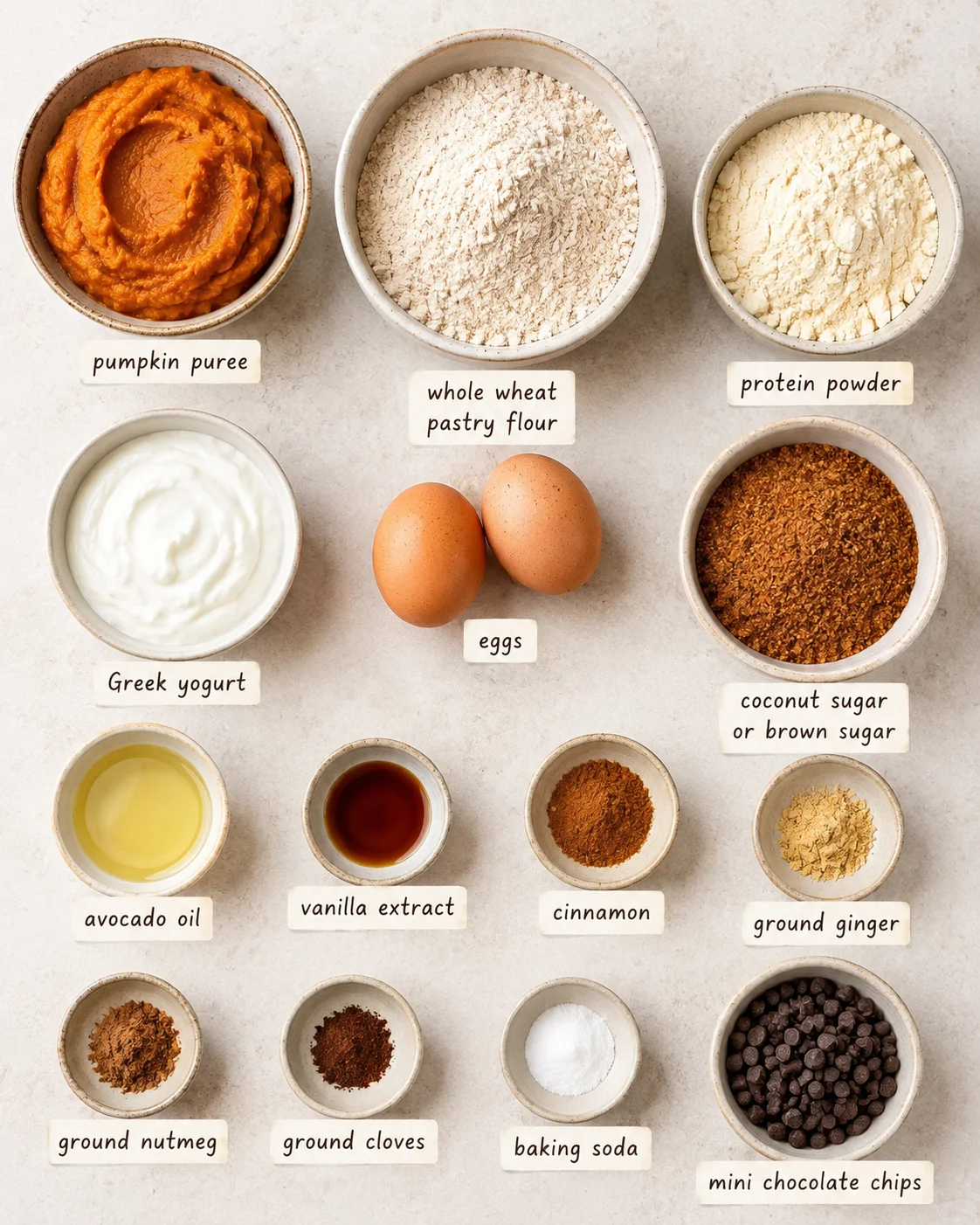 Top-down layout of ingredients for pumpkin protein muffins including pumpkin purée, flour, protein powder, eggs, yogurt, spices and chocolate chips