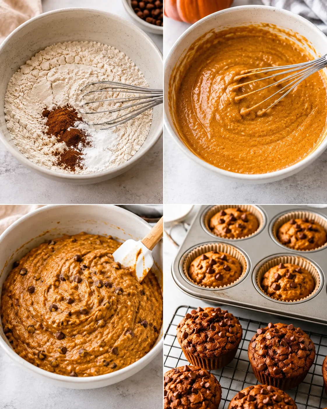Collage of four process photos showing mixing dry ingredients, whisking wet pumpkin batter, folding in chocolate chips, and muffins in pan and on rack