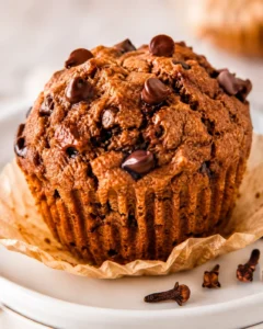 Single pumpkin protein muffin with chocolate chips on a plate, close-up