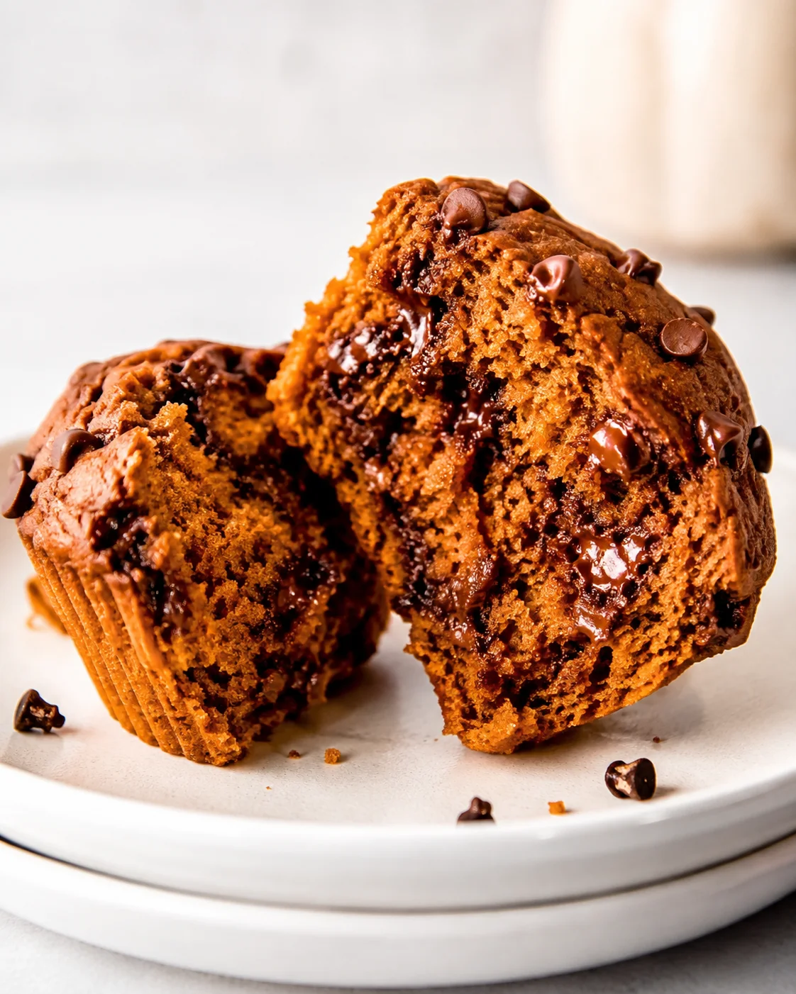 Pumpkin protein muffin split open to show moist interior and melted chocolate chips
