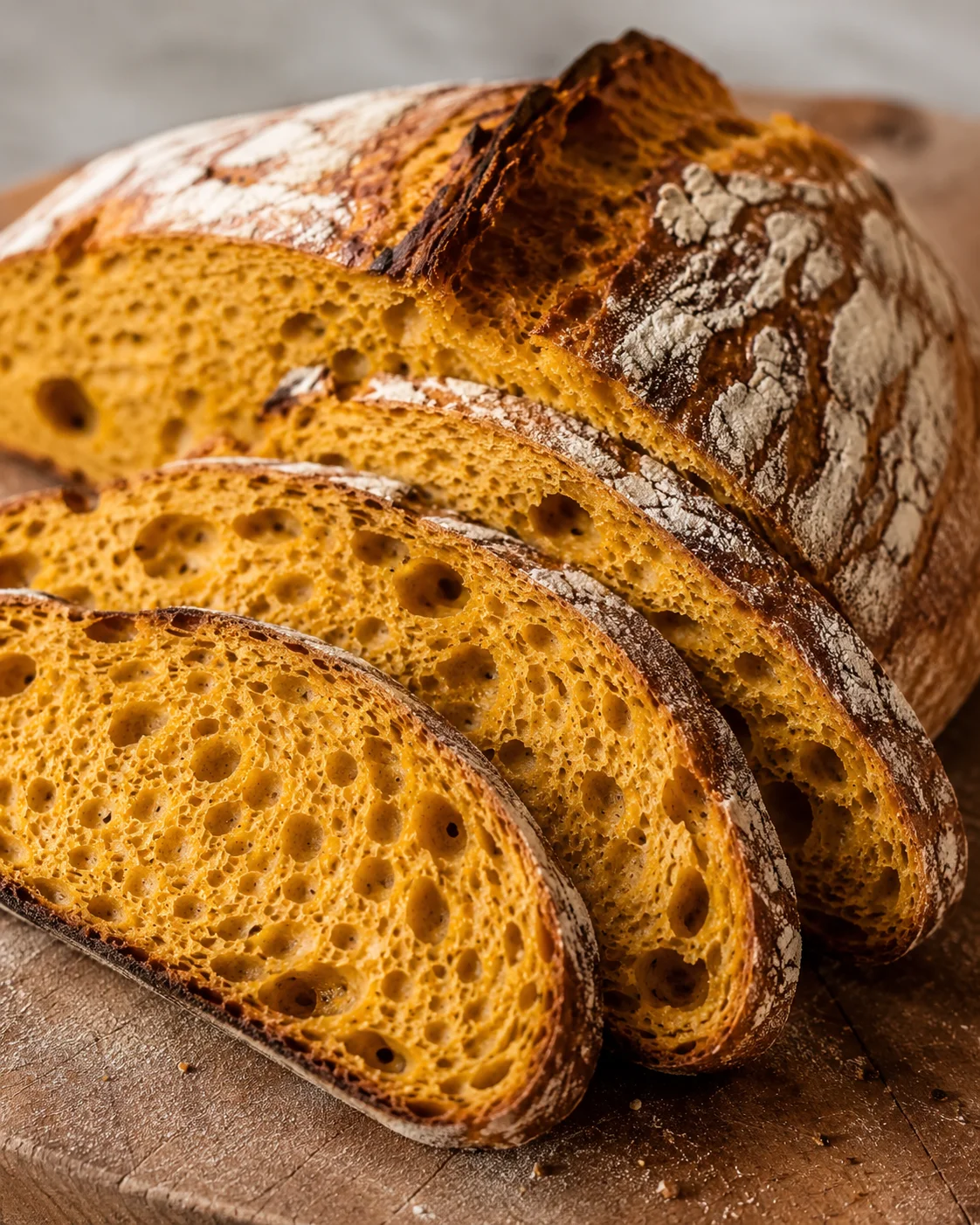 Sliced pumpkin sourdough loaf on a wooden board
