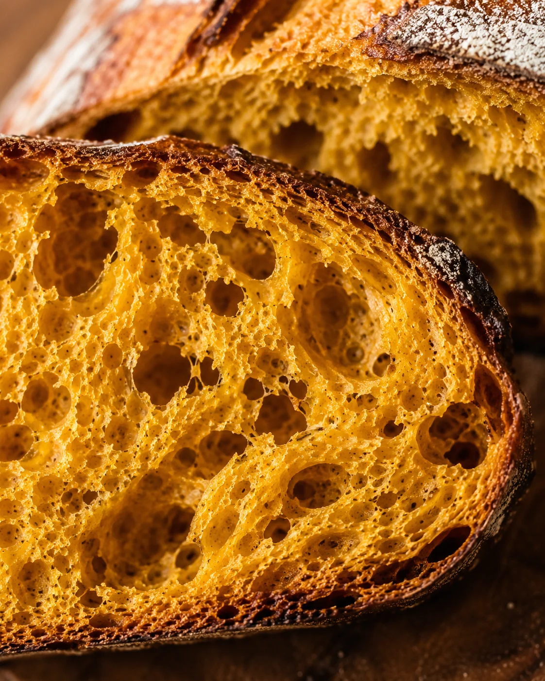 Close detail of the airy crumb and crust of pumpkin sourdough bread