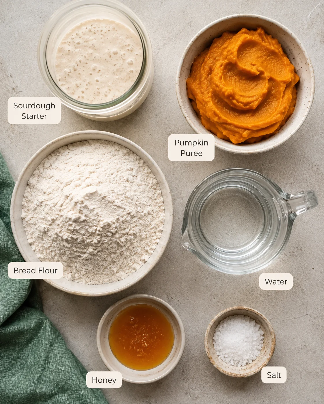 Top-down view of sourdough starter, pumpkin puree, flour, water, honey and salt