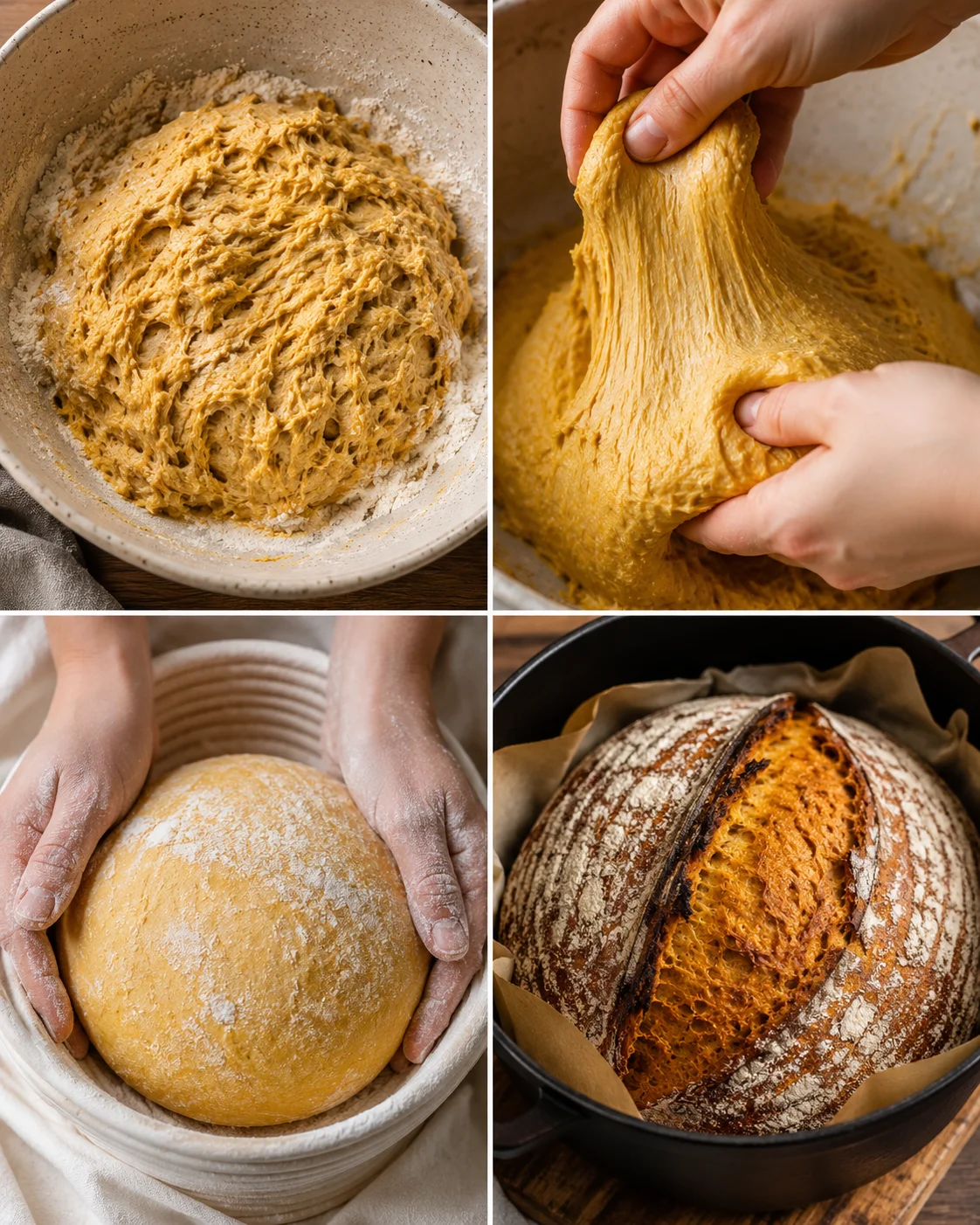 Collage of mixing, stretch-and-folds, shaping in a banneton and baked loaf in a Dutch oven