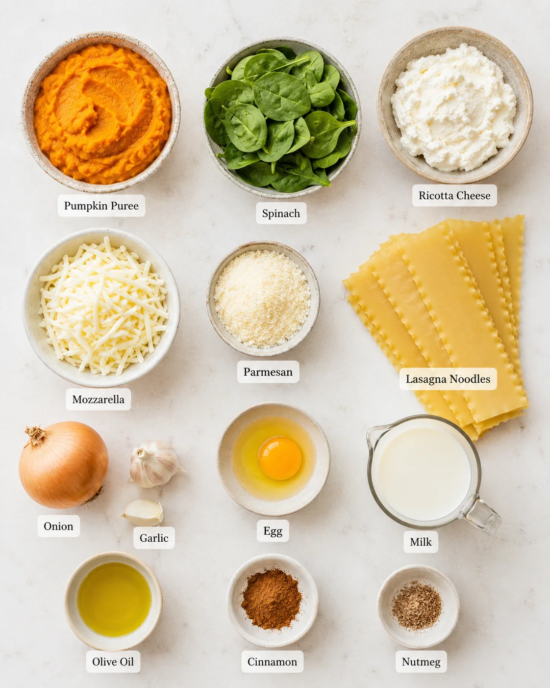 Top-down arrangement of ingredients for pumpkin spinach lasagna including pumpkin puree, spinach, ricotta, noodles, cheeses and spices