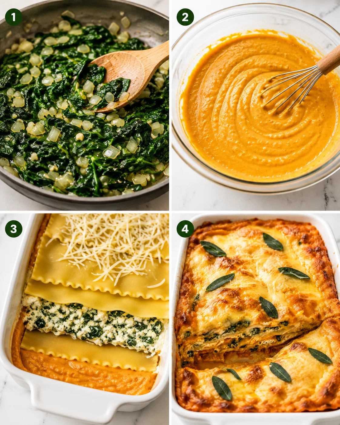 Four-panel collage showing sautéed spinach, whisked pumpkin puree, layered lasagna assembly and the finished baked lasagna