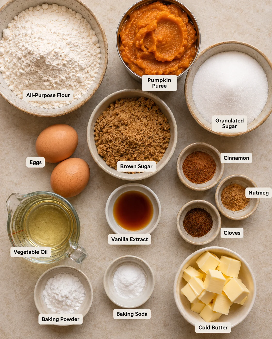 Top-down view of measured ingredients for pumpkin streusel bread including pumpkin puree, flours, sugars, spices, eggs, oil and butter