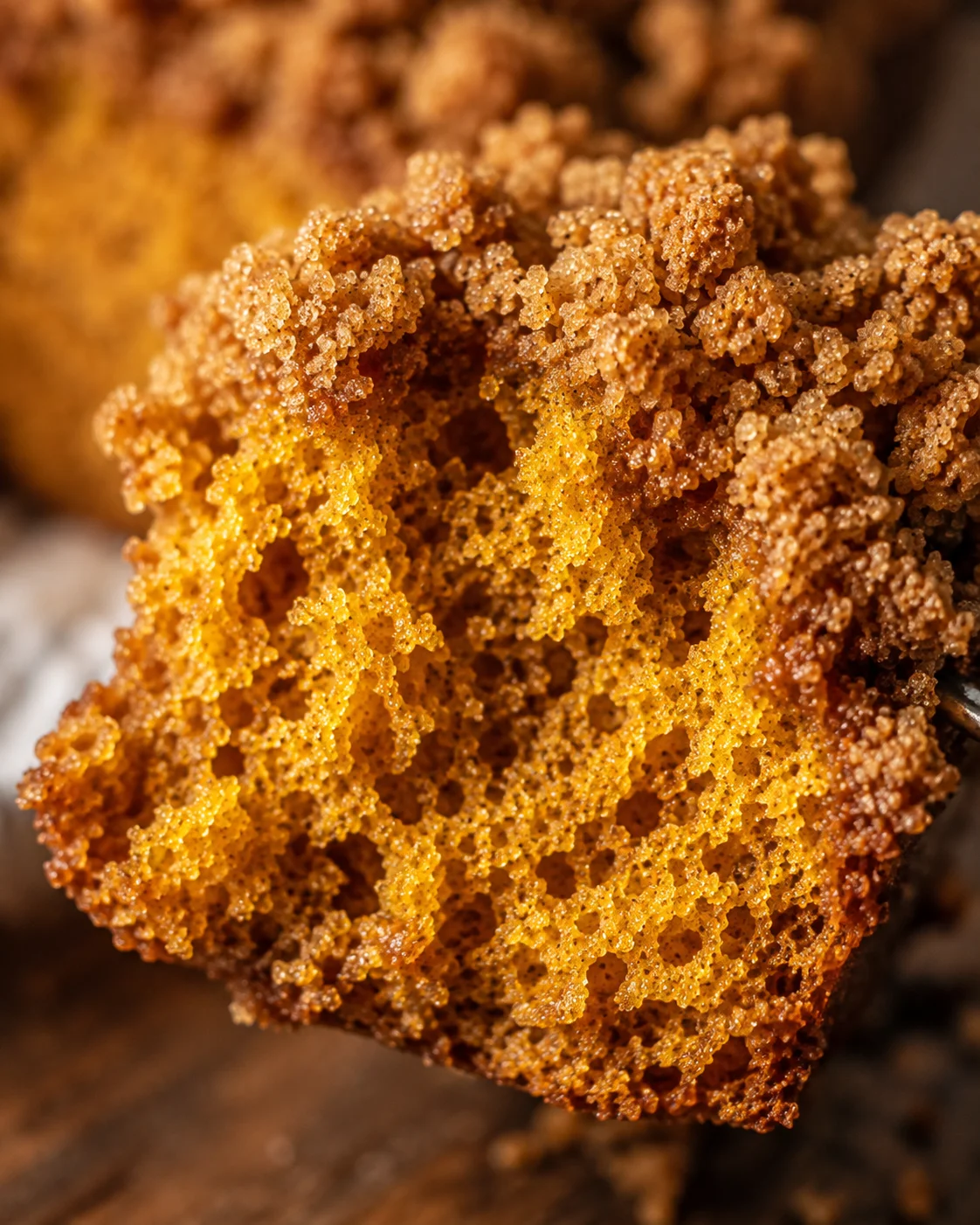 Close-up of a lifted piece of pumpkin streusel bread showing interior crumb and streusel
