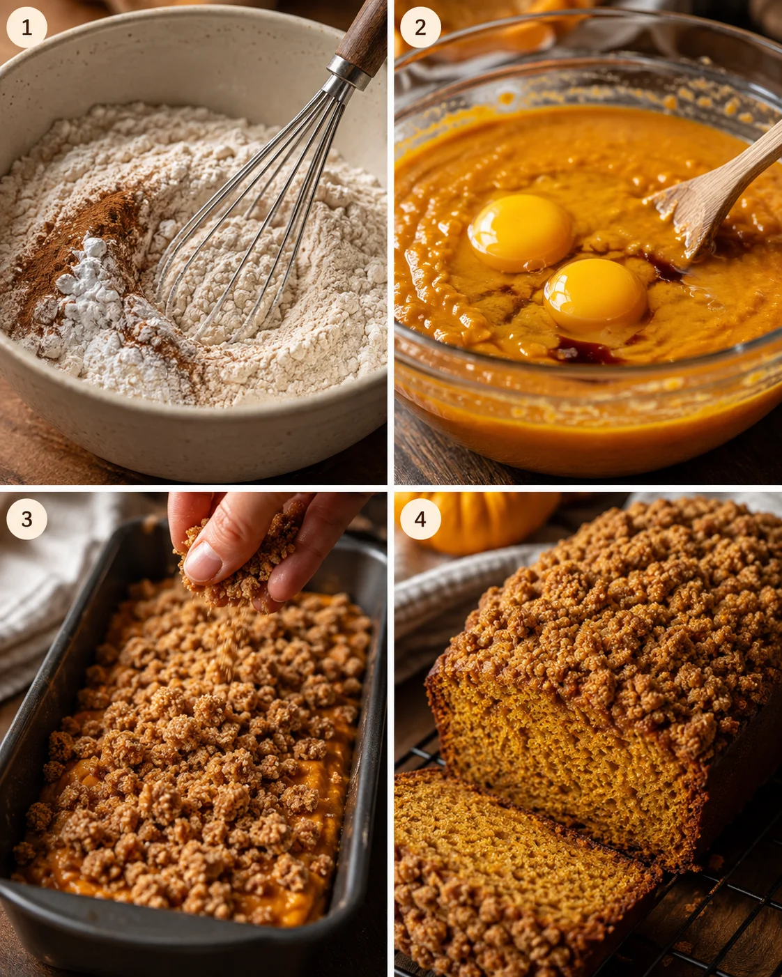 Four-panel sequence showing mixing dry ingredients, mixing pumpkin batter with eggs, sprinkling streusel, and the baked loaf