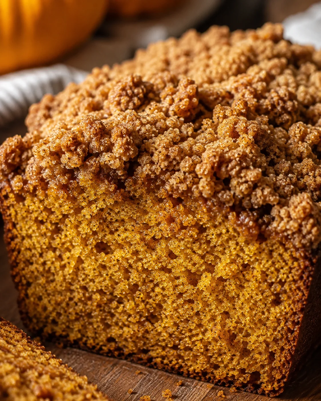 Close detail of pumpkin streusel bread crumb and streusel topping