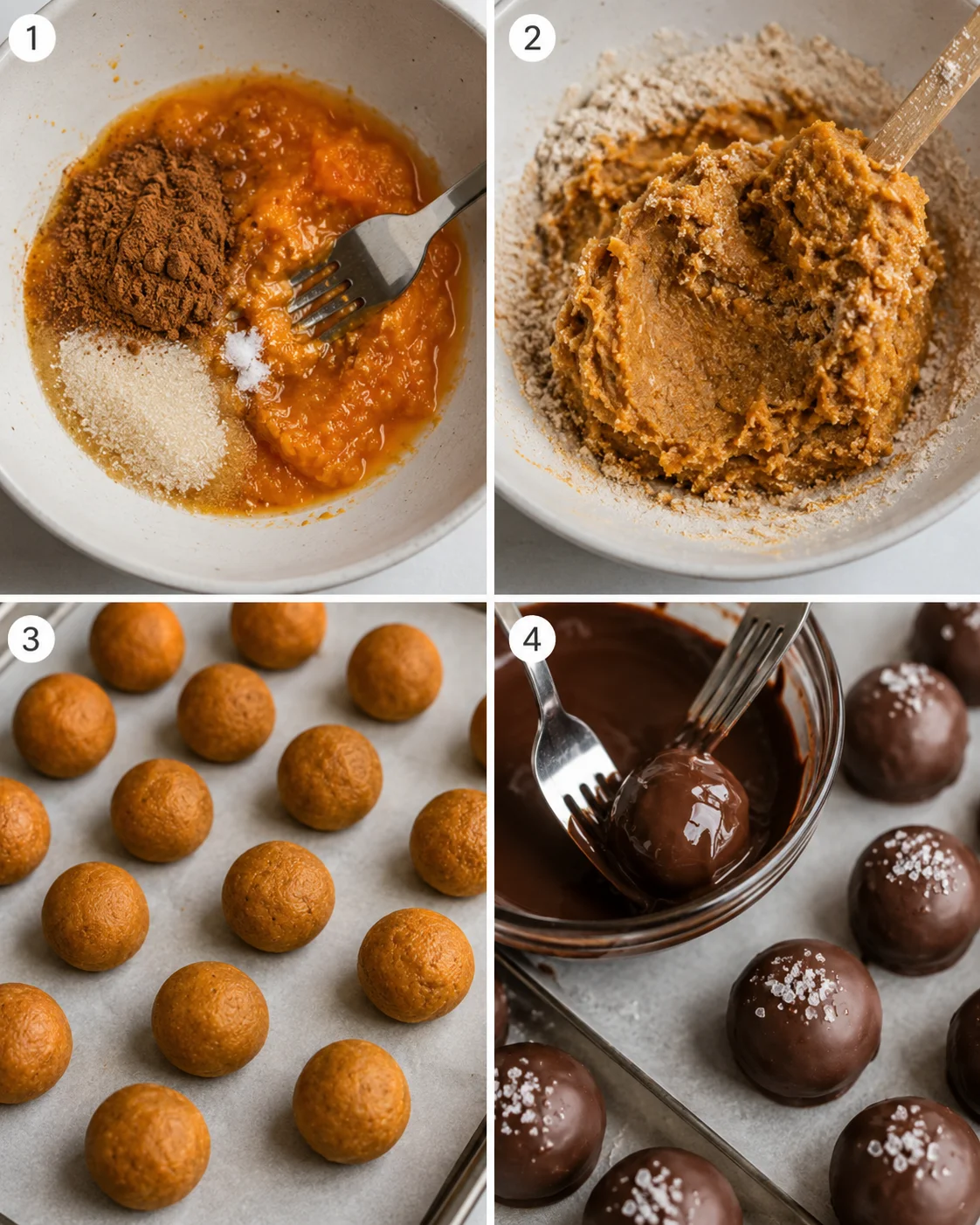 Four-step collage showing mixing pumpkin and spices, combining with oat flour, rolled truffle balls, and dipping truffles in melted chocolate