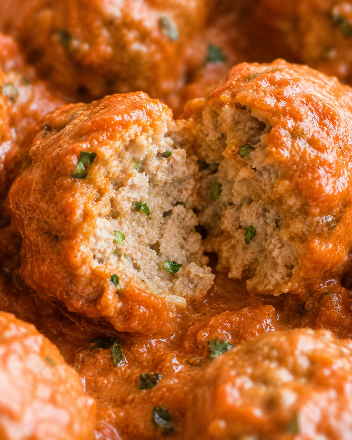 Cross-section of a pumpkin turkey meatball showing the moist interior and herbs