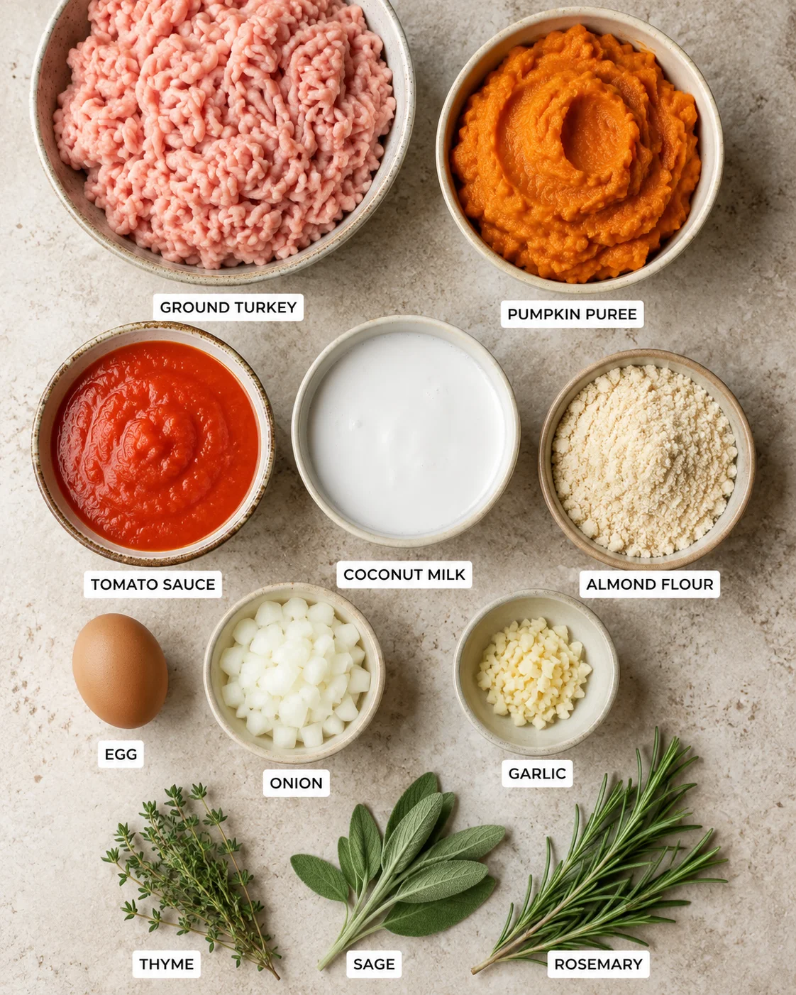 Top-down arrangement of ground turkey, pumpkin puree, tomato sauce, coconut milk, almond flour, egg, onion, garlic and herbs