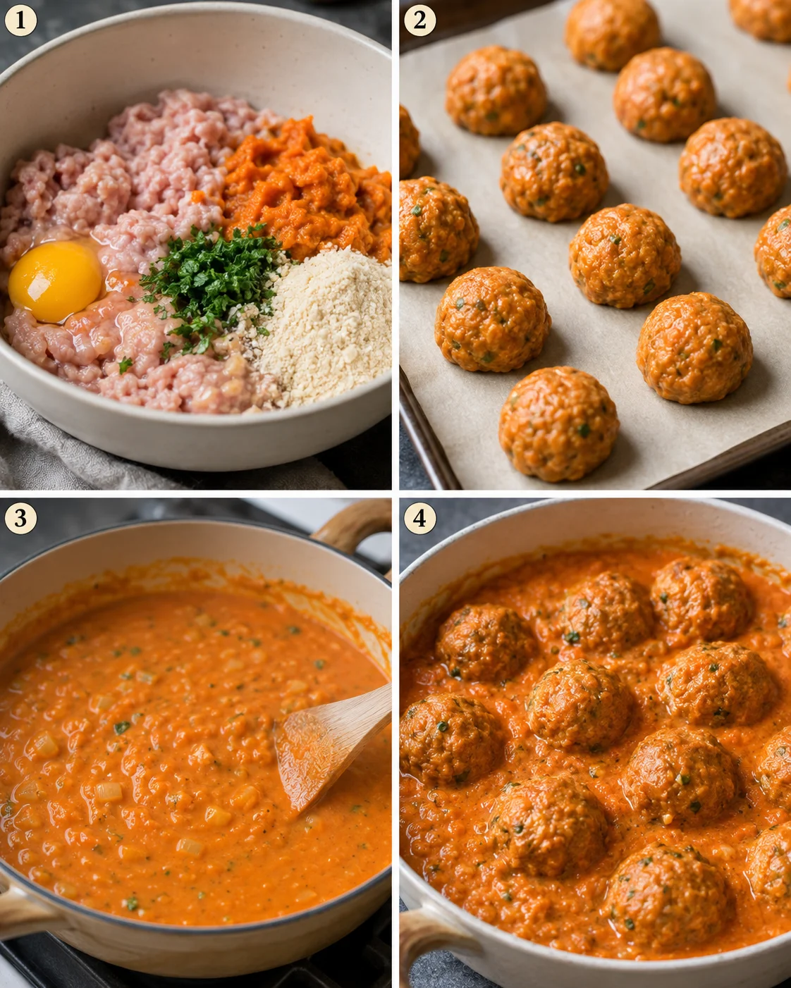 Four-panel collage showing mixing, shaping, sauce cooking, and meatballs simmering in sauce
