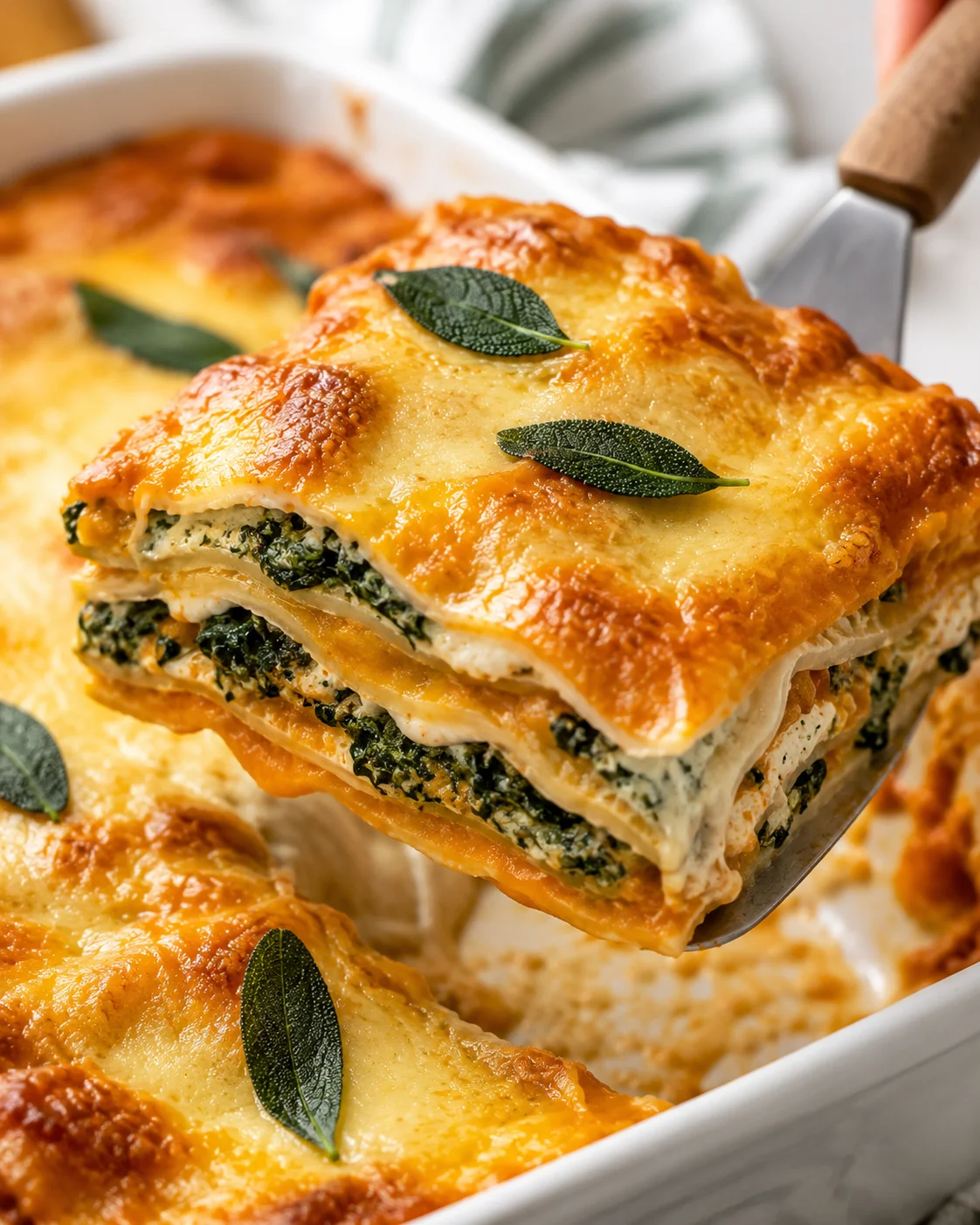 A lifted slice of vegetarian pumpkin spinach lasagna on a spatula showing distinct layers of pumpkin, ricotta, spinach and melted cheese