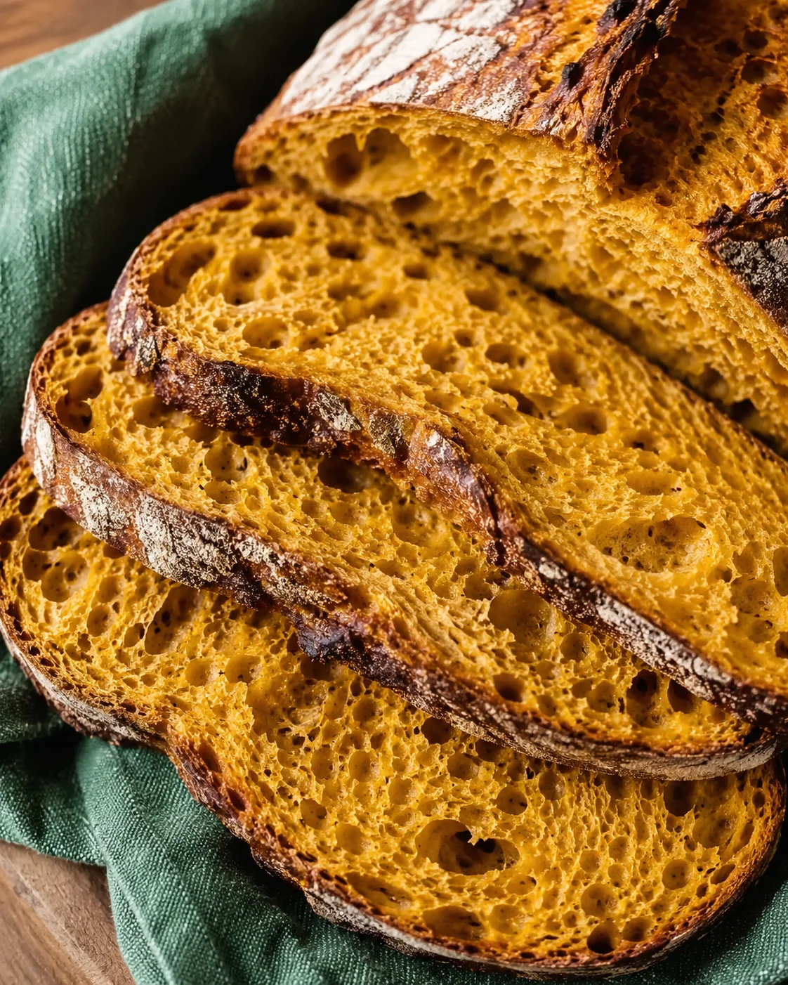 Close-up of sliced pumpkin sourdough bread on a green cloth