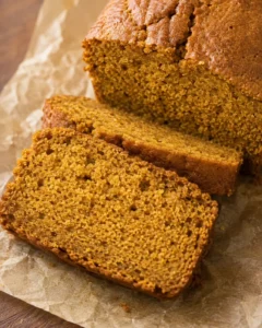 Close-up of sliced sour cream pumpkin bread showing tender crumb