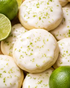 Close-up of soft and chewy key lime cookies glazed with white icing and sprinkled with lime zest alongside halved limes