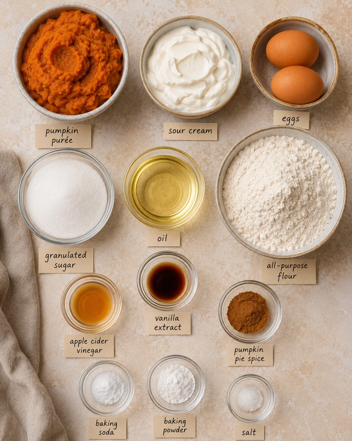 Top-down arrangement of pumpkin bread ingredients including pumpkin puree, sour cream, eggs, flour and spices