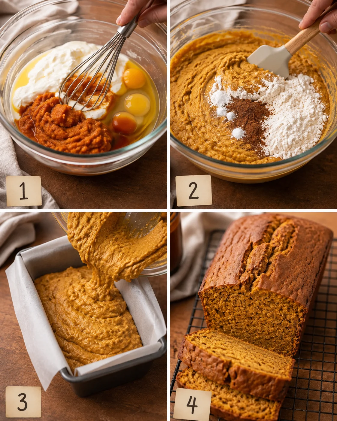 Four-step collage showing mixing, folding, pouring batter, and baked pumpkin bread