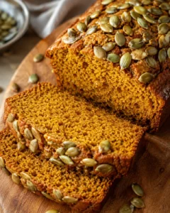 Sliced Starbucks-style pumpkin bread loaf topped with pumpkin seeds on a wooden board