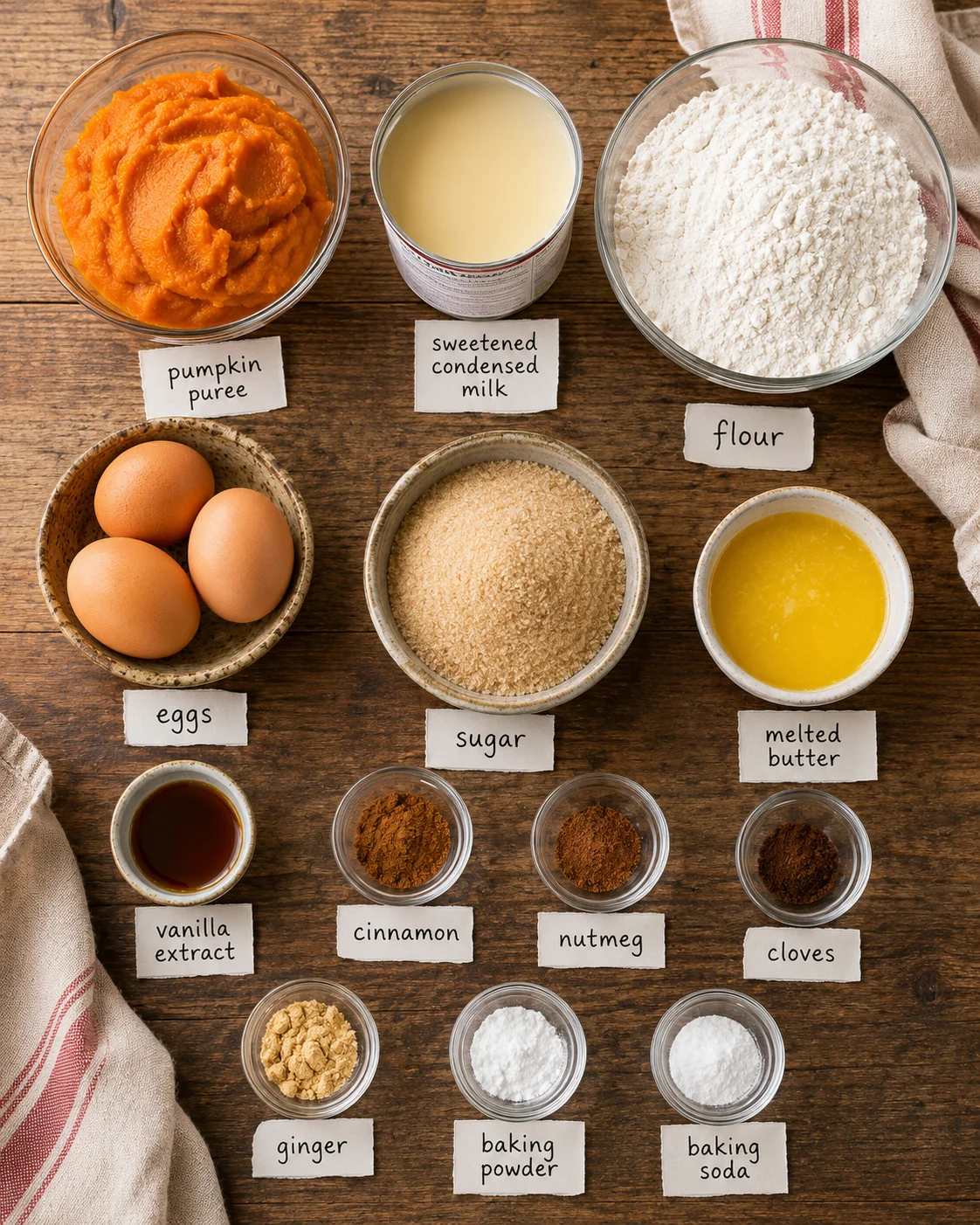 top-down arrangement of labeled ingredients for sweetened condensed milk pumpkin bread including pumpkin puree, condensed milk, flour, eggs, sugar, butter andSp