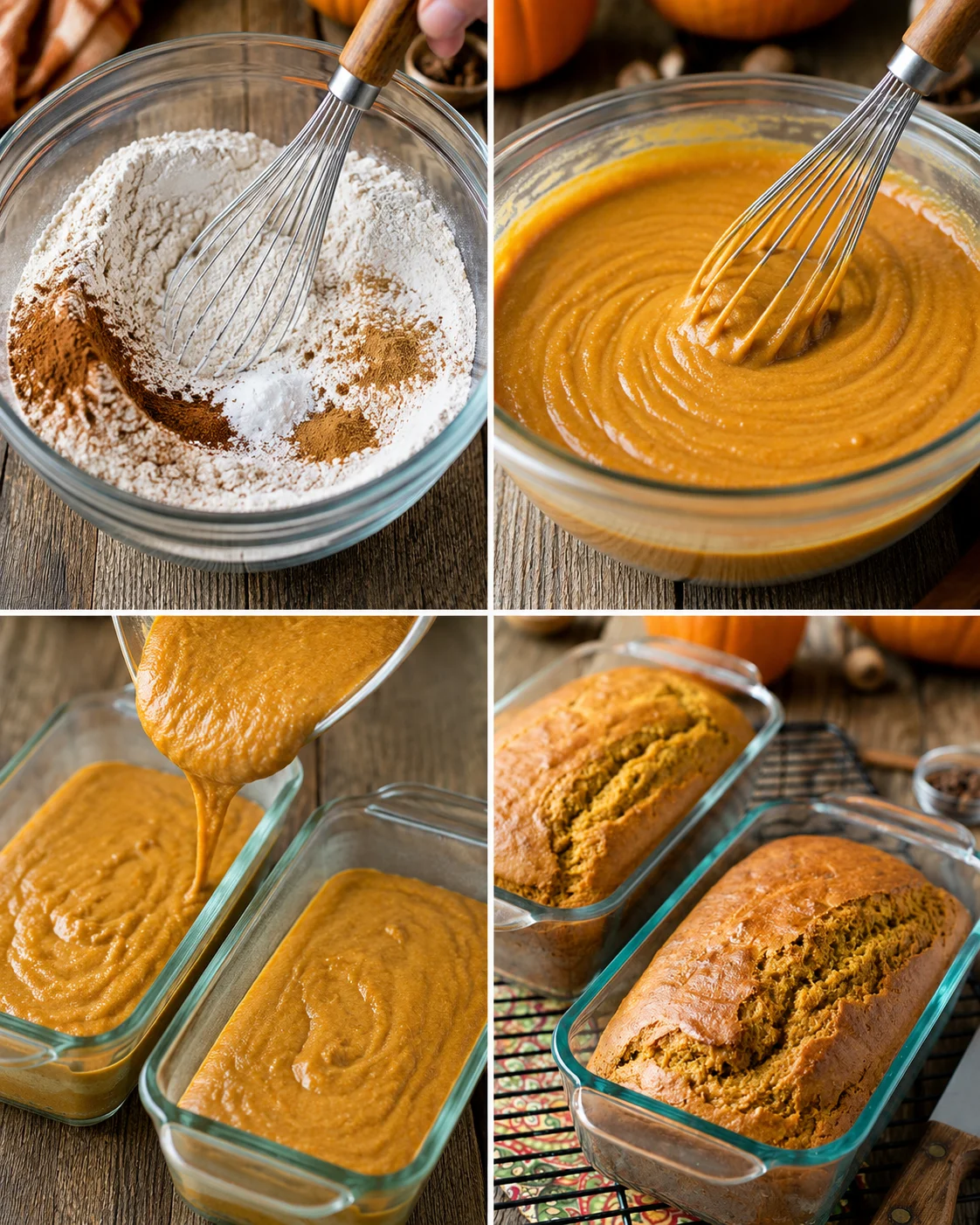 four-panel collage showing mixing dry ingredients, whisked pumpkin mixture, pouring batter into loaf pans, and two baked loaves