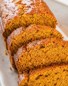 Close-up side view of sliced vegan pumpkin applesauce bread showing textured crumb