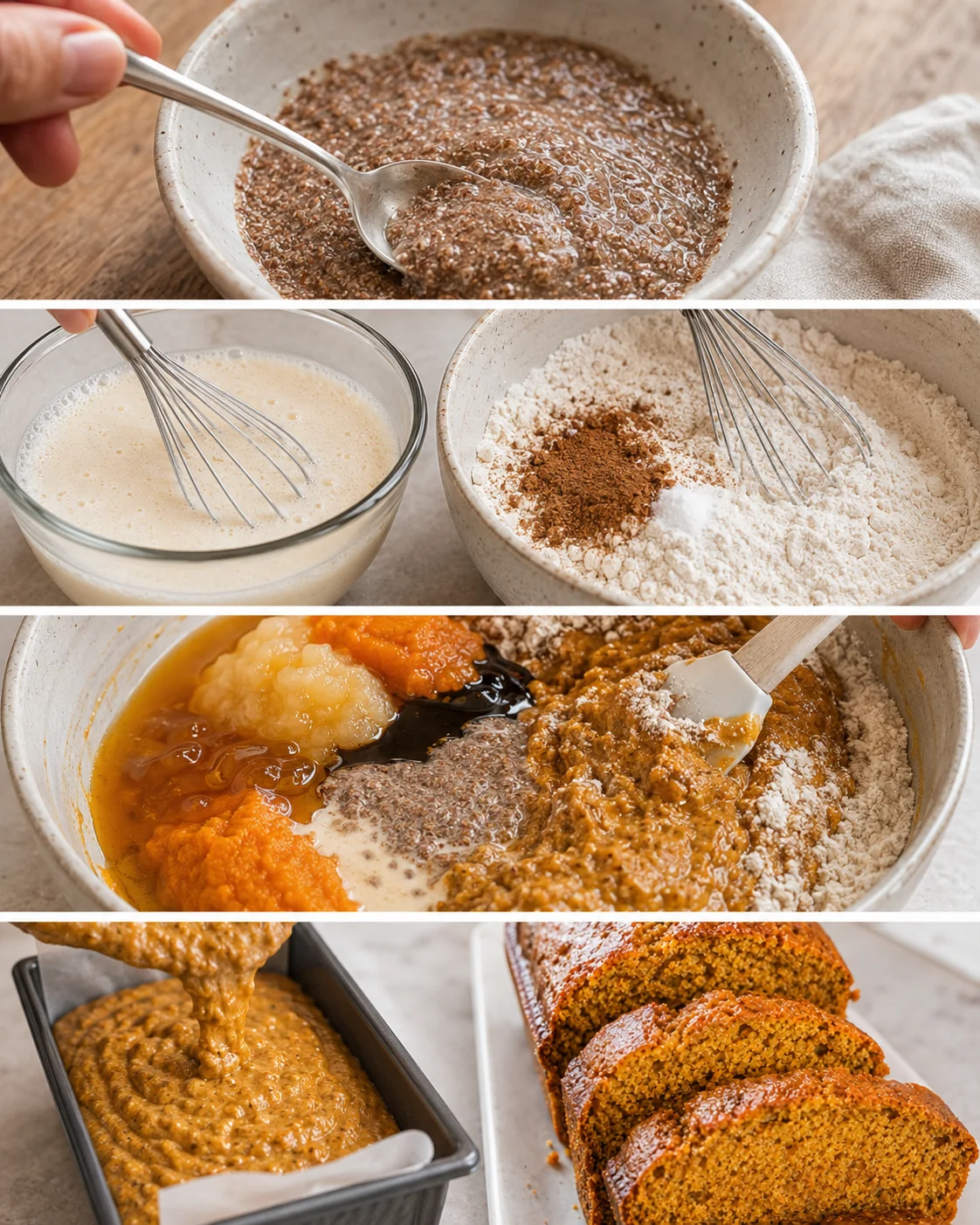 Collage of preparation steps for vegan pumpkin applesauce bread including flax 'egg', mixing, and pouring batter