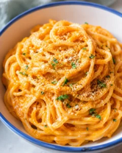 Bowl of creamy vegan pumpkin pasta topped with parsley and pepper