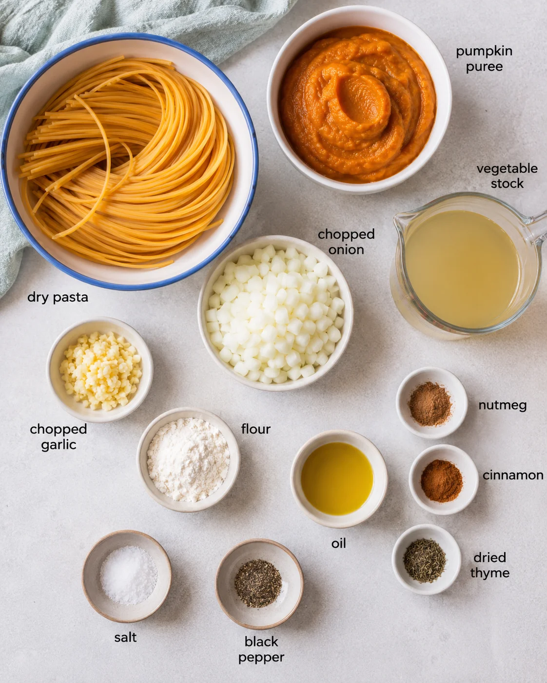 Top-down layout of ingredients for vegan pumpkin pasta including pasta, pumpkin puree, onions and spices