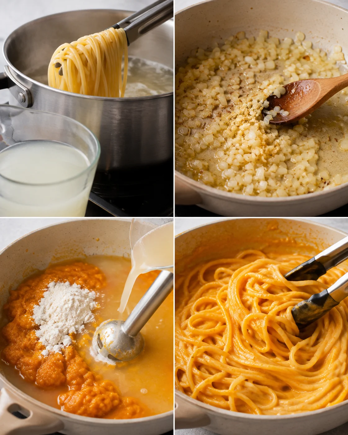 Collage of cooking steps: boiling pasta, sautéing onion and garlic, adding pumpkin and stock, and tossing sauce with pasta