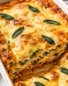 Baked vegetarian pumpkin spinach lasagna in a white baking dish with melted golden cheese and sage leaves
