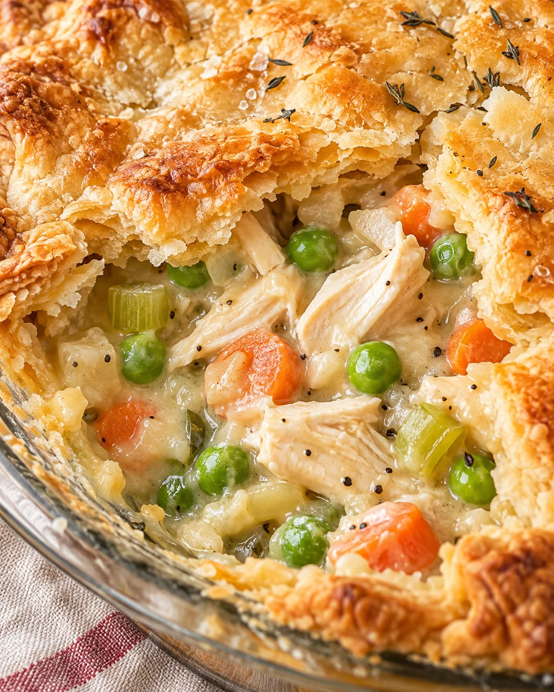 Texture detail showing the crumb and interior of Chicken Pot Pie