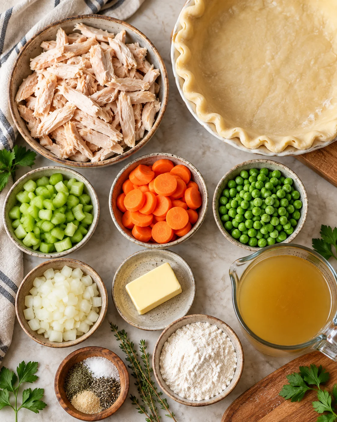 Top-down key ingredients for Chicken Pot Pie