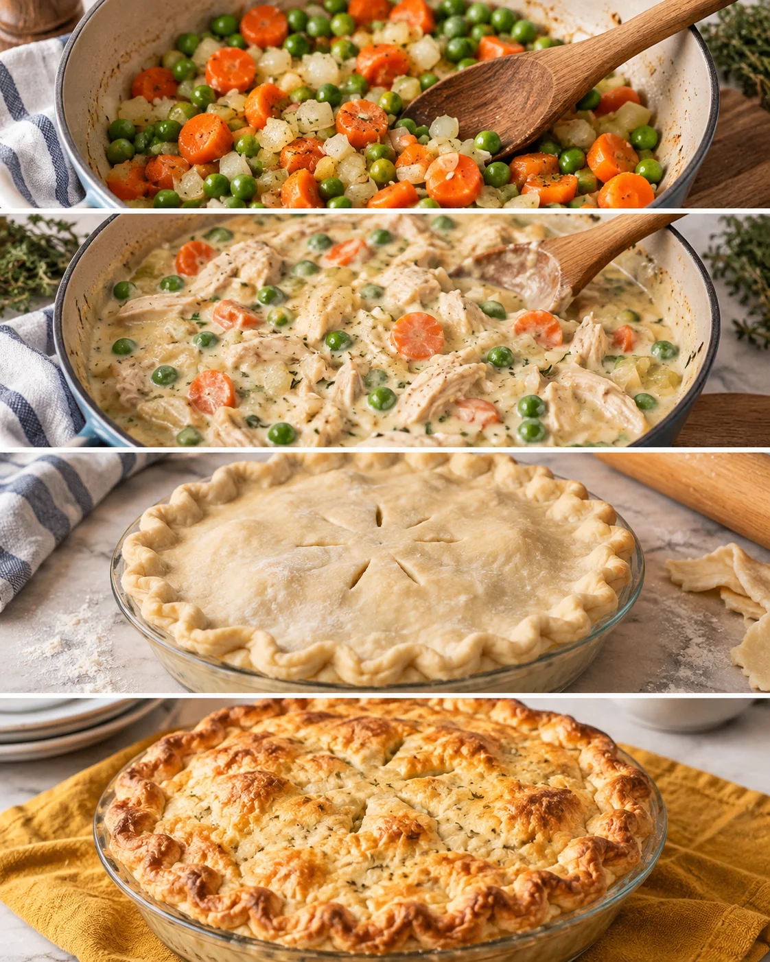Four-step process showing how to prepare Chicken Pot Pie